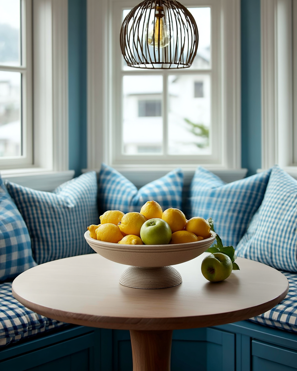 A wide beige resin pedestal bowl filled with lemons and green apples, set on a round breakfast table beneath a brass cage pendant light