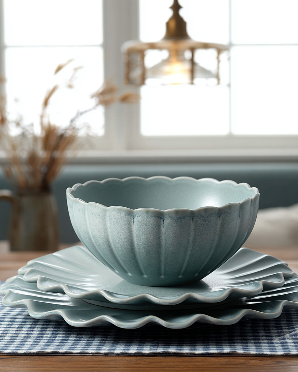 A stack of scalloped seafoam-glazed stoneware — a ribbed bowl nested on a matching dinner plate and salad plate — set on a breakfast table