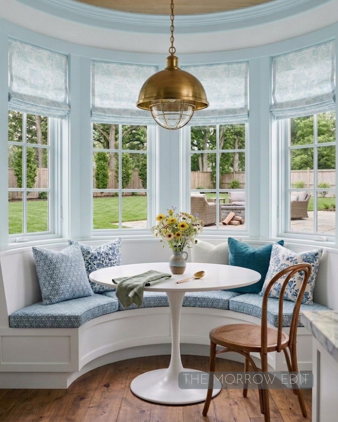 A sunlit bay-window breakfast nook with a built-in banquette in blue-and-white gingham cushions, a round table, and a brass caged pendant light overhead