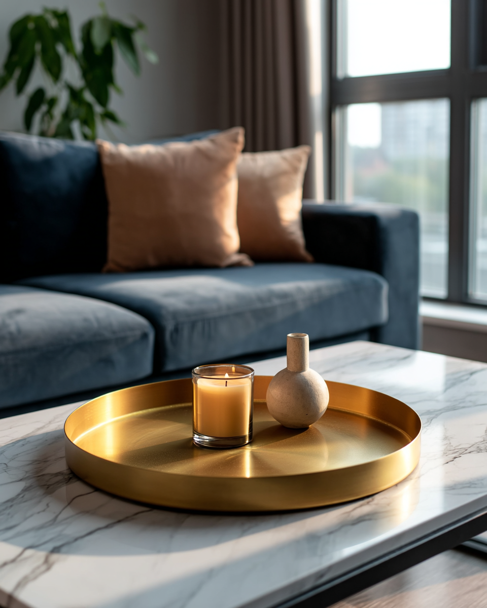 Round brushed gold metal tray with a raised rolled rim