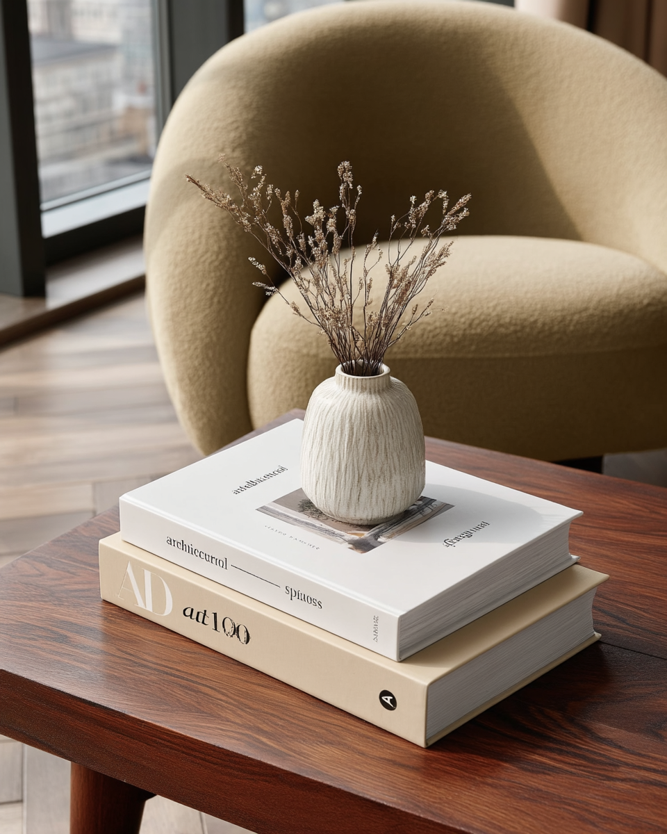 Two minimalist decorative hardcover books with cream and off-white typographic covers, stacked on a coffee table