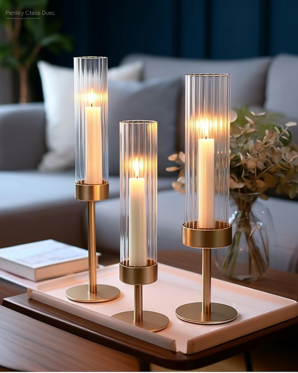 Three brass candle holders with fluted glass hurricanes at three different heights, lit with white pillar candles