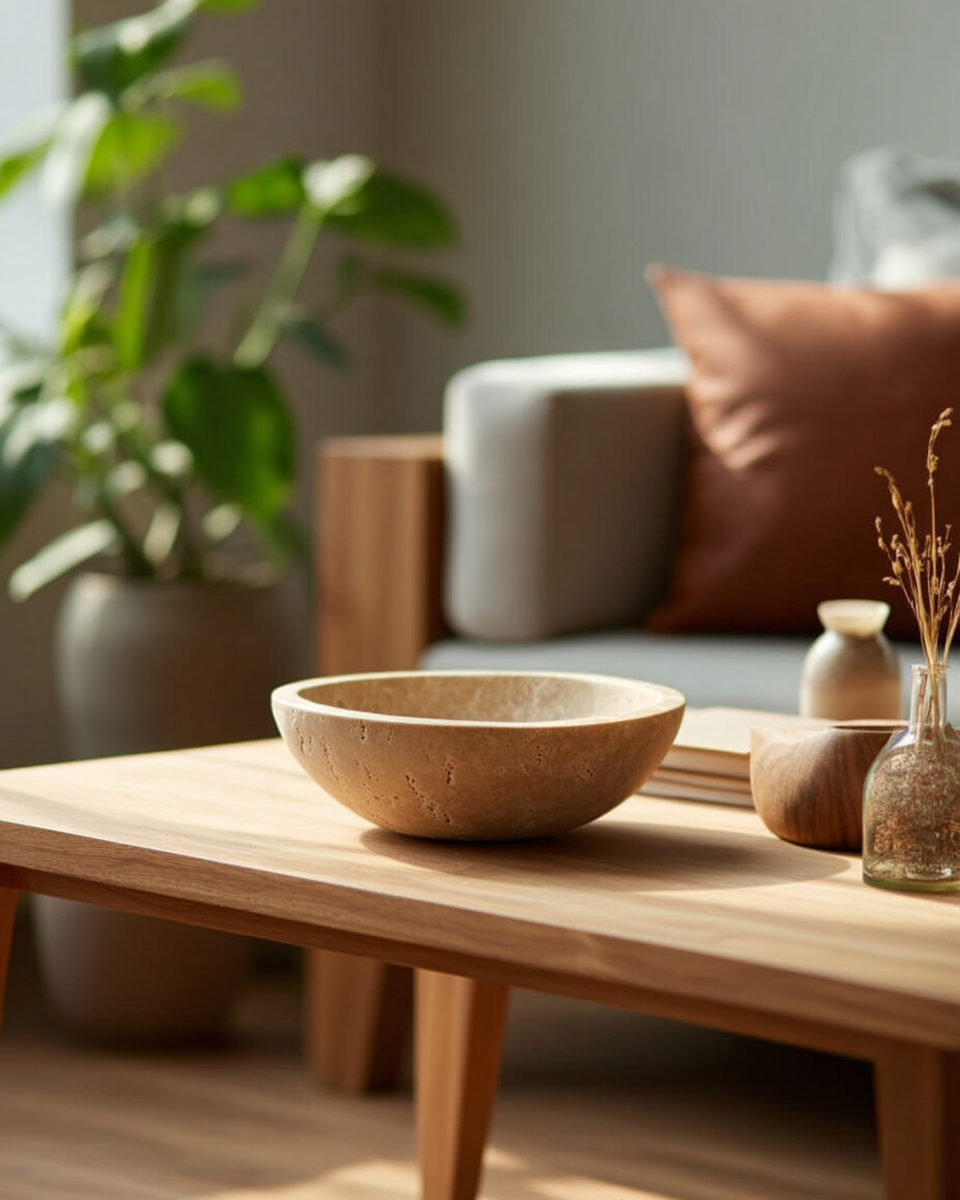 Shallow beige natural travertine stone decorative bowl with a hand-carved pitted texture