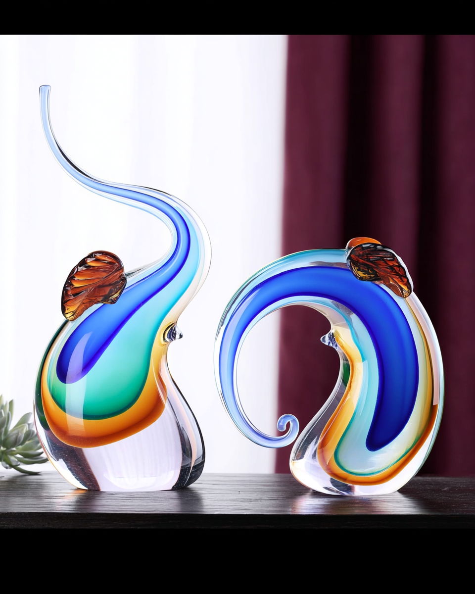 Two abstract hand-blown Murano-style art glass sculptures with a rainbow color gradient banding through clear glass