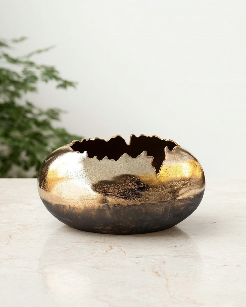Glossy metallic bronze-gold sculptural vase shaped like a smooth pebble with a jagged torn opening resembling a cracked eggshell