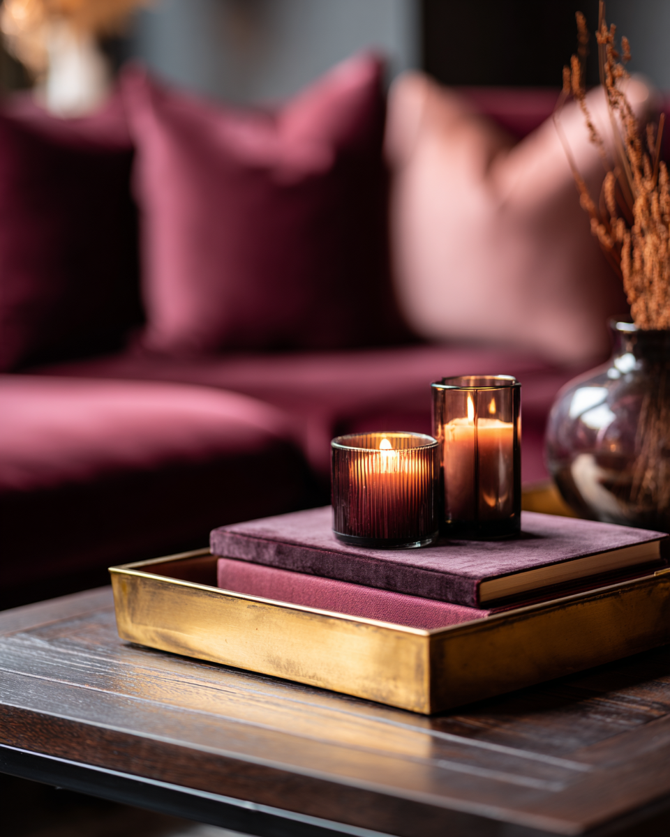 Moody styled coffee table vignette with a gold-rimmed tray, stacked velvet-bound books, glowing amber candles, and a bronze sculptural vessel