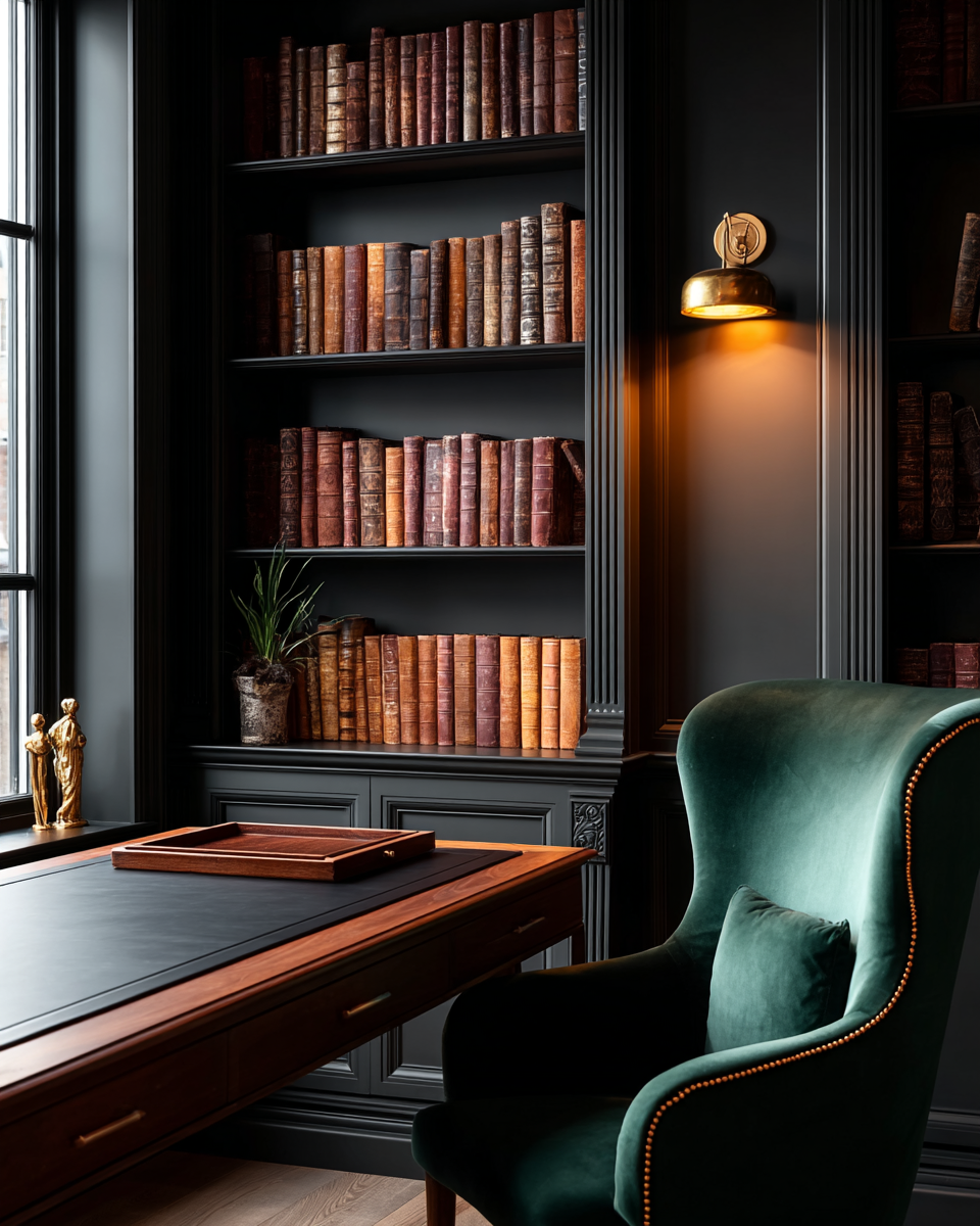 Moody library home office featuring the Legacy Leather Top Desk