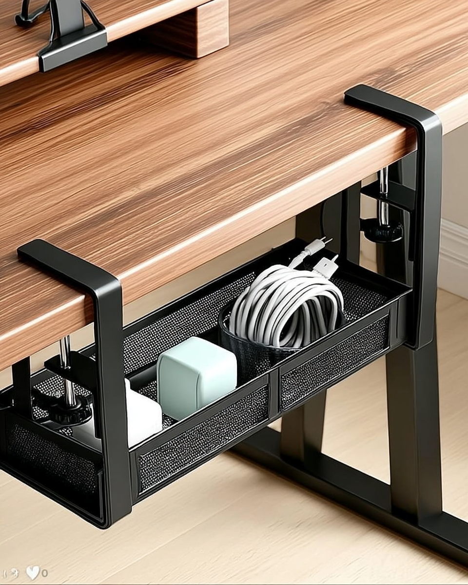 Nosqew under-desk cable management tray, clamp mounted