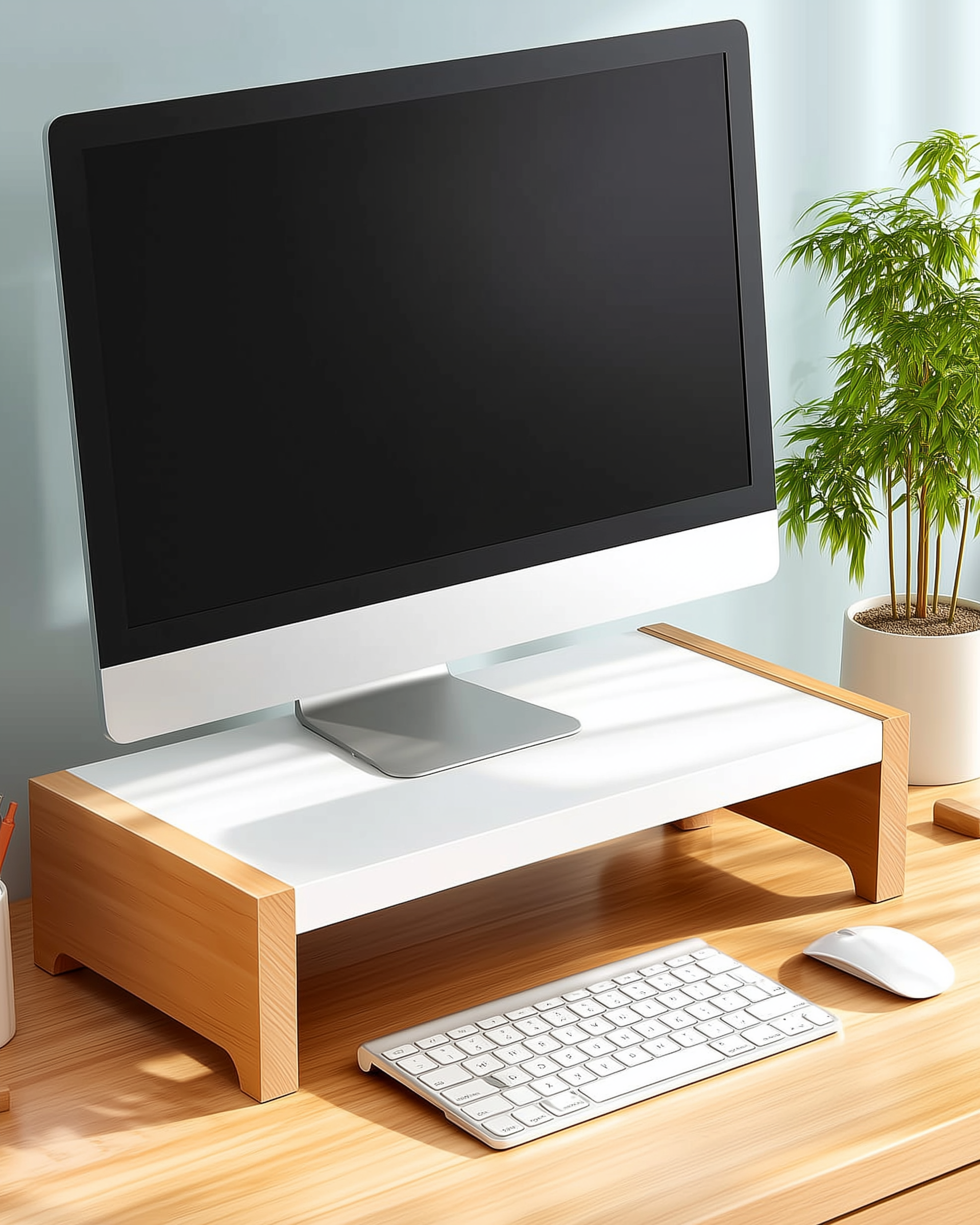 ARCOBIS monitor stand riser, white top with beech wood legs