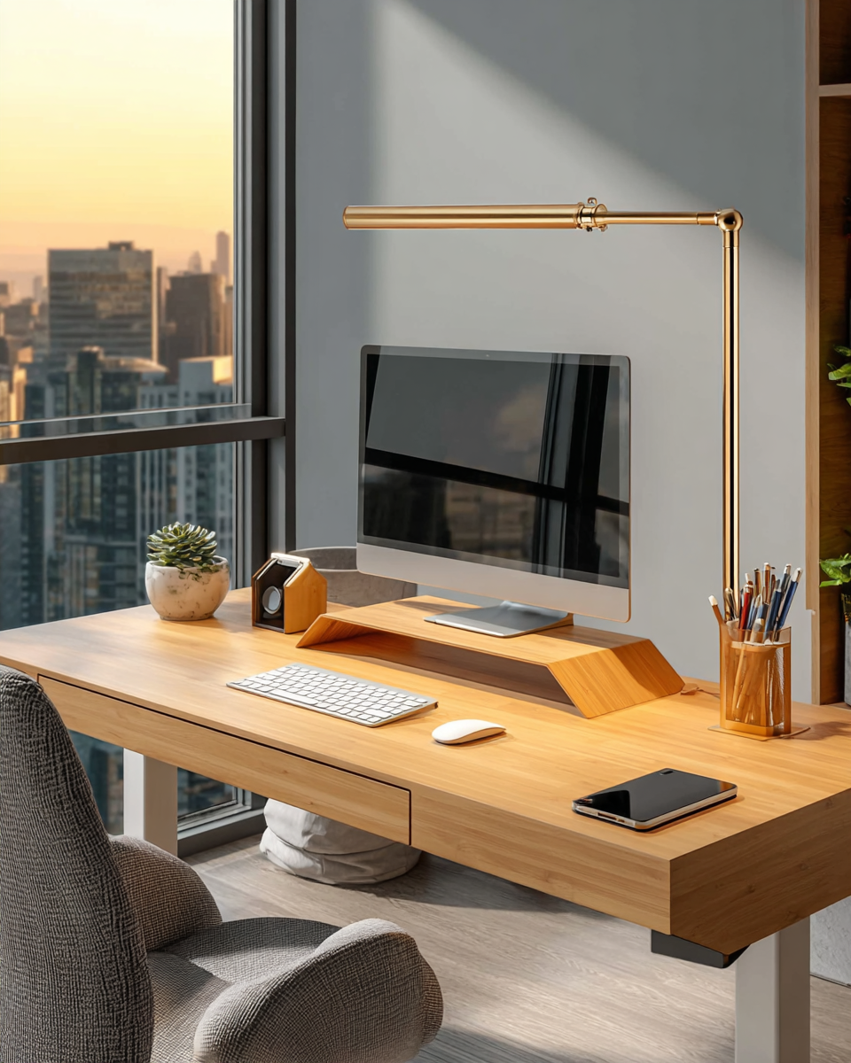 Minimalist light oak desk setup with warm brass lamp glow