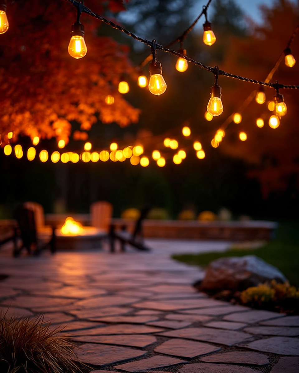 Warm Edison-bulb outdoor string lights on a black weatherproof cord, strung between two trees with orange fall foliage