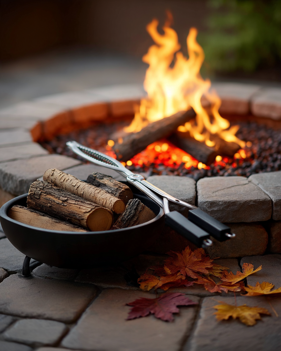 Matte black stainless steel fire pit tool set with a log grabber and tongs leaning against a bowl of firewood beside a stone fire ring