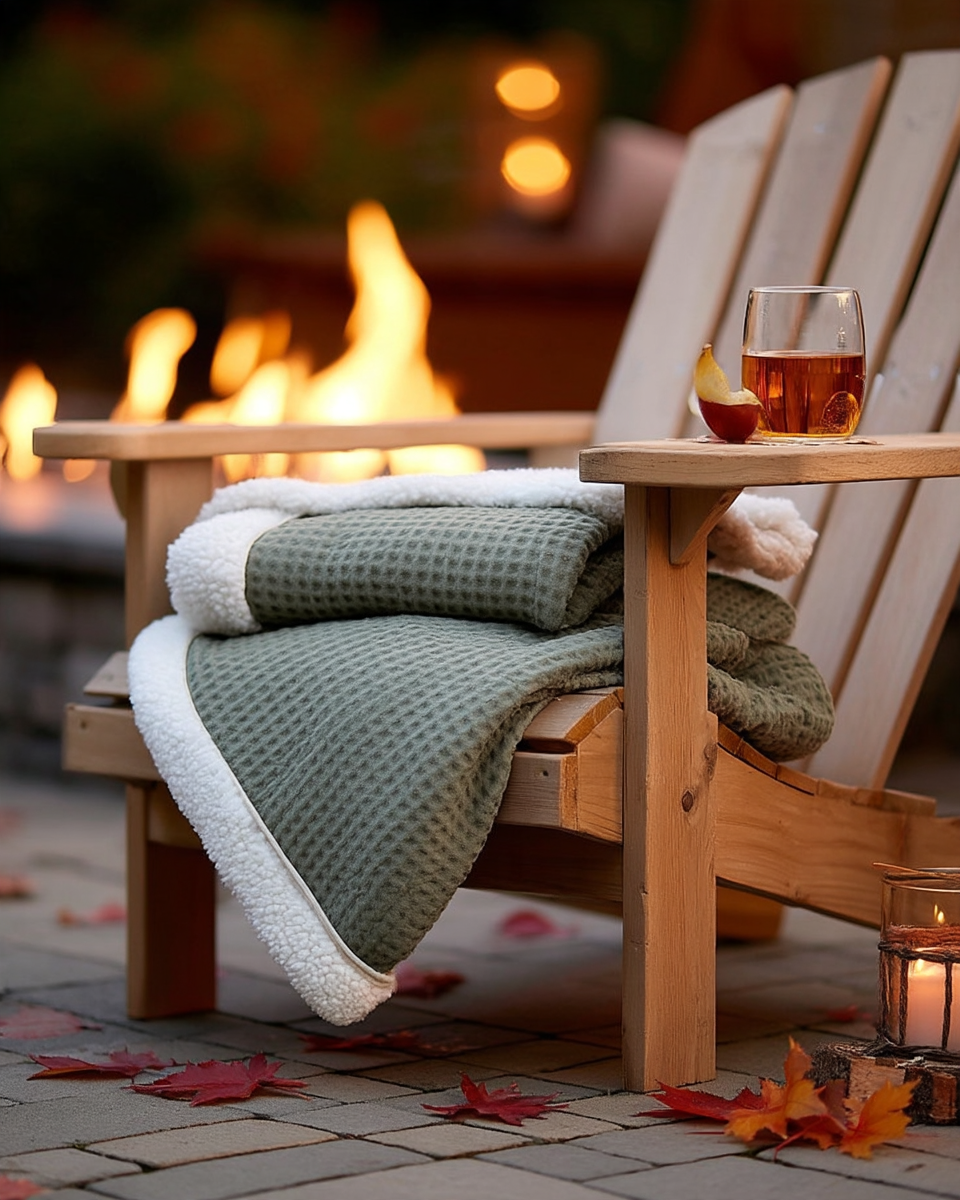 Folded sage green waffle-weave blanket with white sherpa lining draped over a wood adirondack chair beside a fire pit