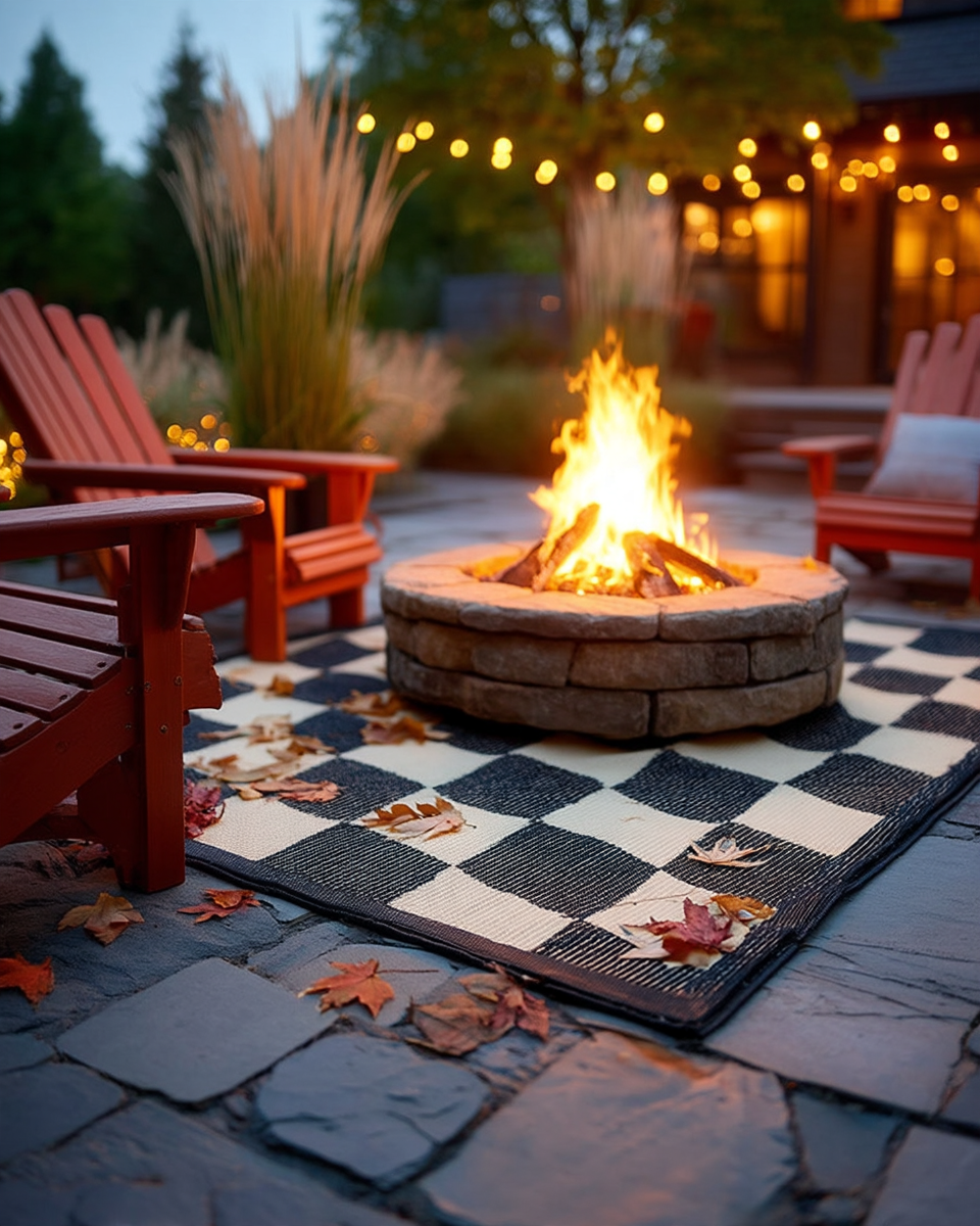 Black and cream checkerboard flatwoven outdoor rug laid beneath a stone fire pit on a paver patio, scattered with fall leaves