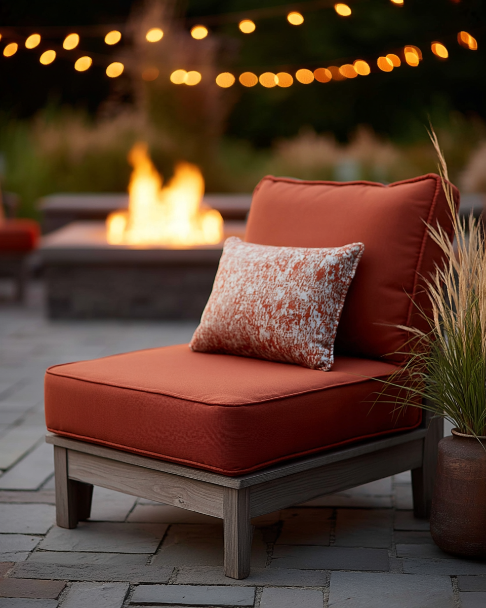Deep-seat outdoor chair cushion set in rich rust terracotta fabric with piped edging, resting in a wood adirondack chair