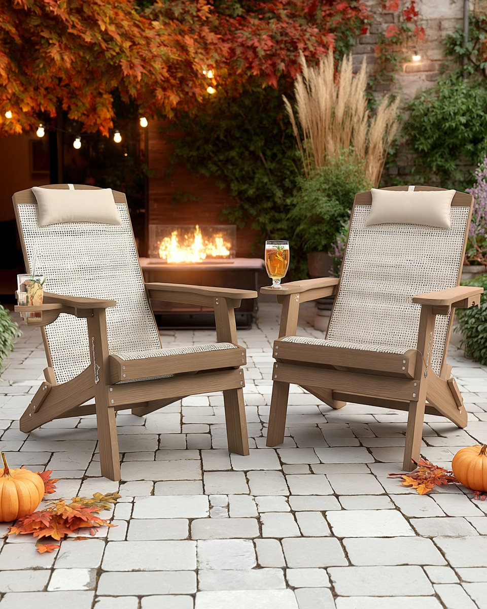 Pair of light wood folding adirondack chairs with woven cane backs and built-in cupholder armrests on a stone patio with fall pumpkins