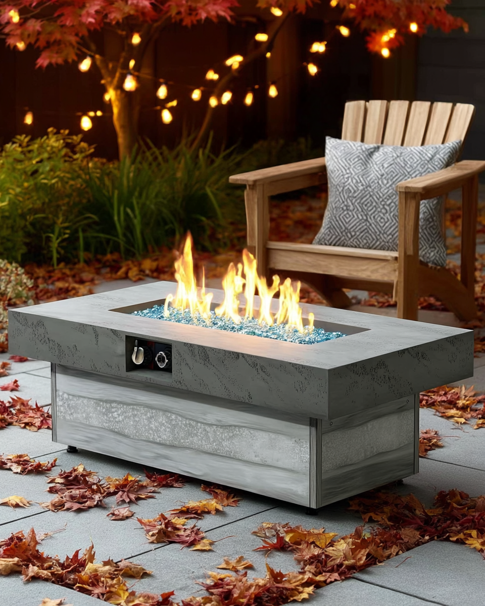 Rectangular propane fire pit table with a concrete-textured grey top and driftwood-grey base, blue glass fire beads, one adirondack chair visible beside it