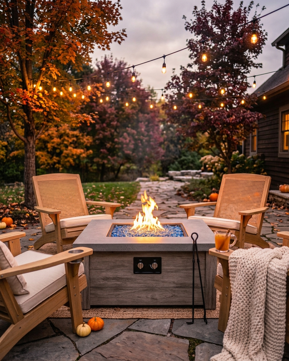 A stone paver patio at dusk with three light wood adirondack chairs around a glowing propane fire pit table, warm string lights strung overhead through fall trees, a knit throw, a mug of cider, and small pumpkins scattered nearby