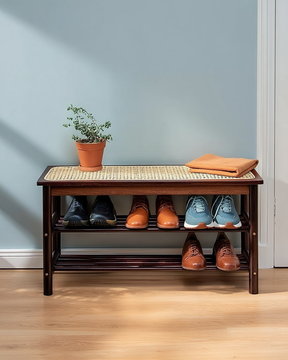 Three-tier storage bench with woven cane top and shoe shelves