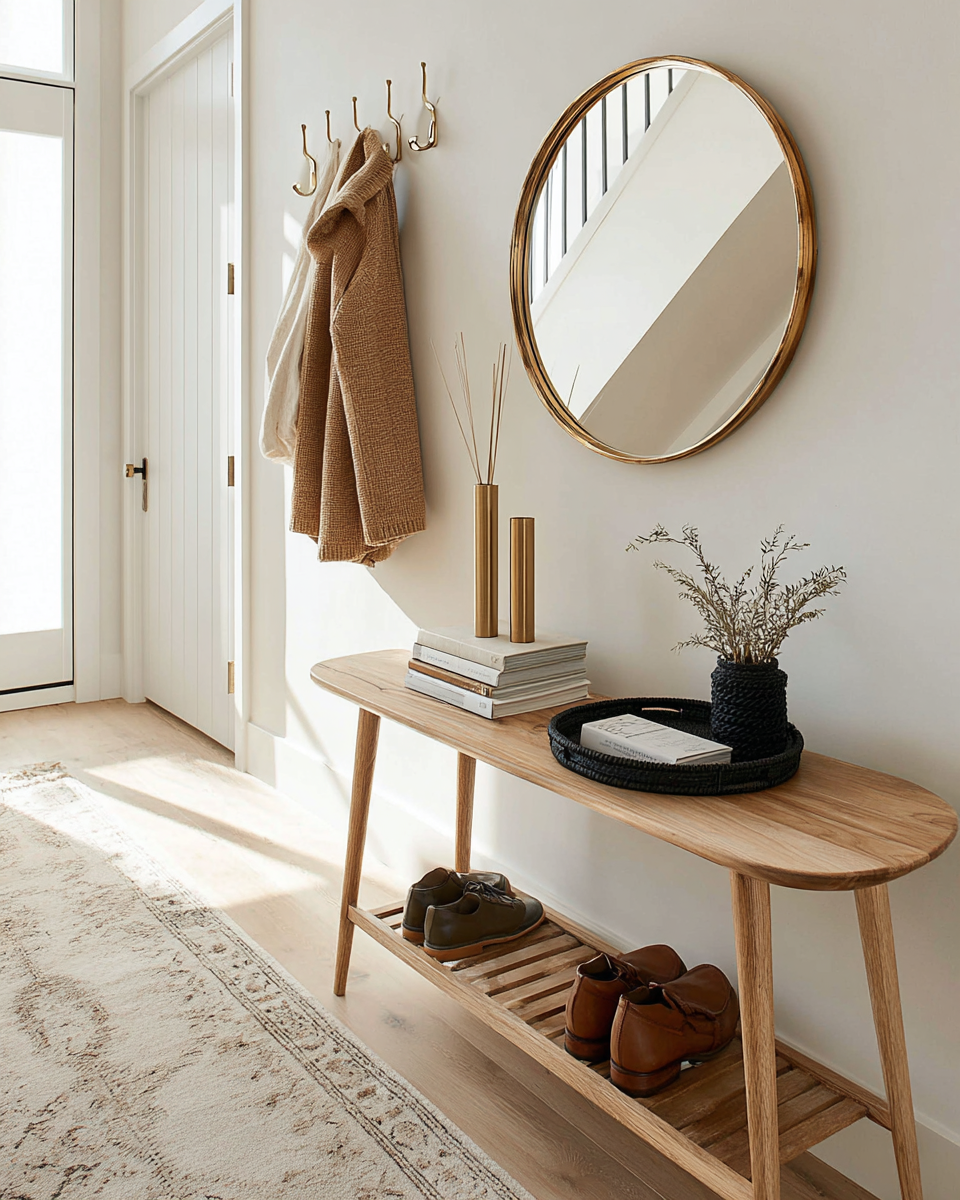 Warm minimalist entryway featuring a walnut console table and round baroque mirror