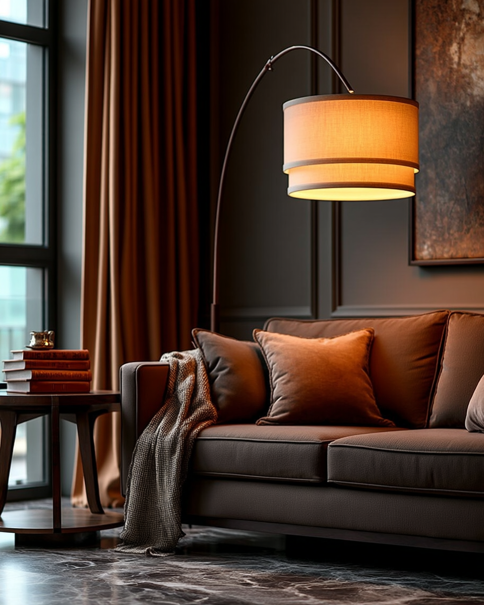 Brightech Mason arc floor lamp with hanging drum shade
