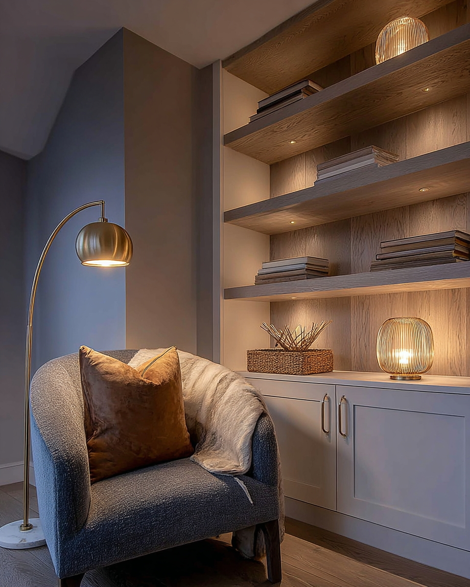 Layered warm lighting in a moody living room corner