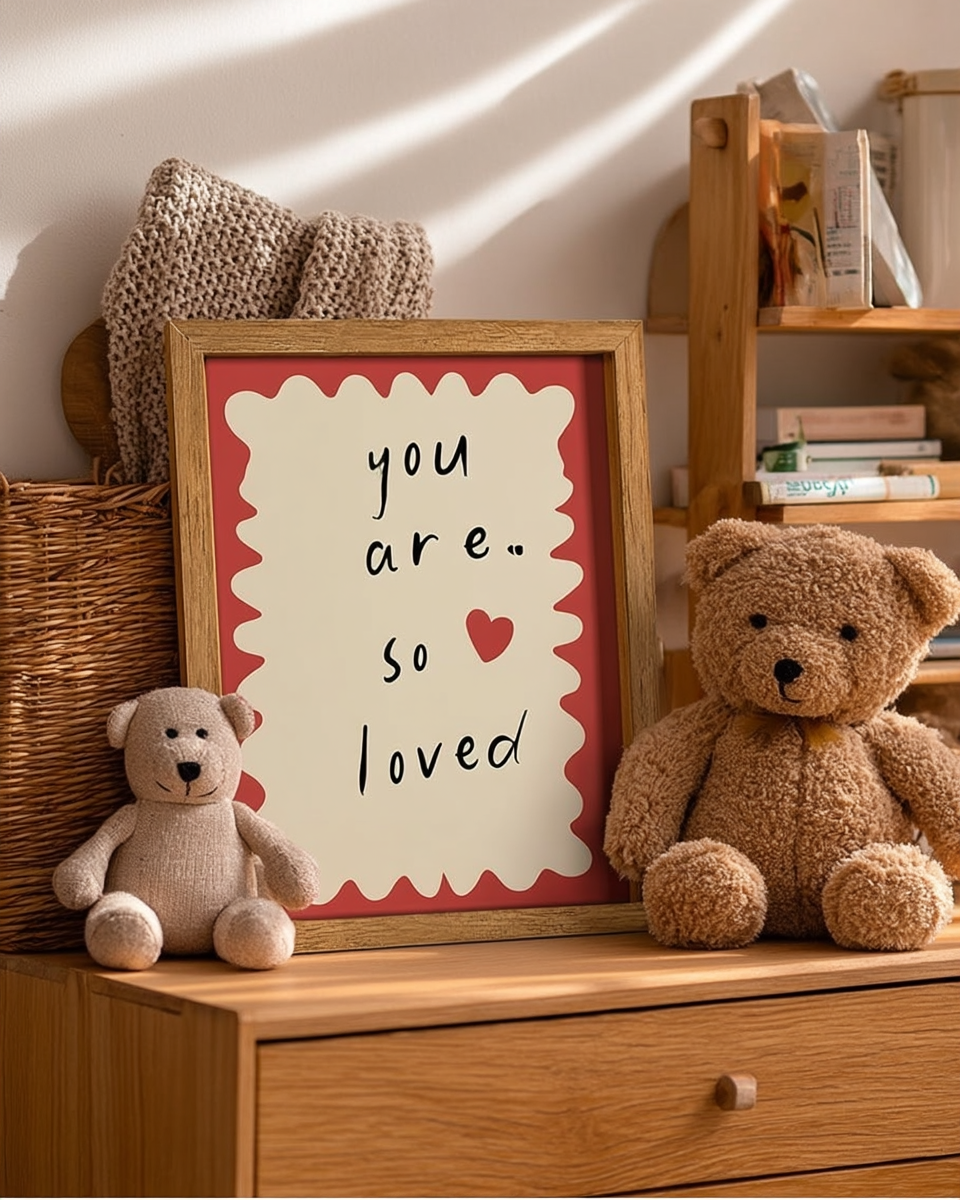 Framed 'you are so loved' print in a red scalloped mat and oak frame, leaning against a nursery wall beside two plush teddy bears