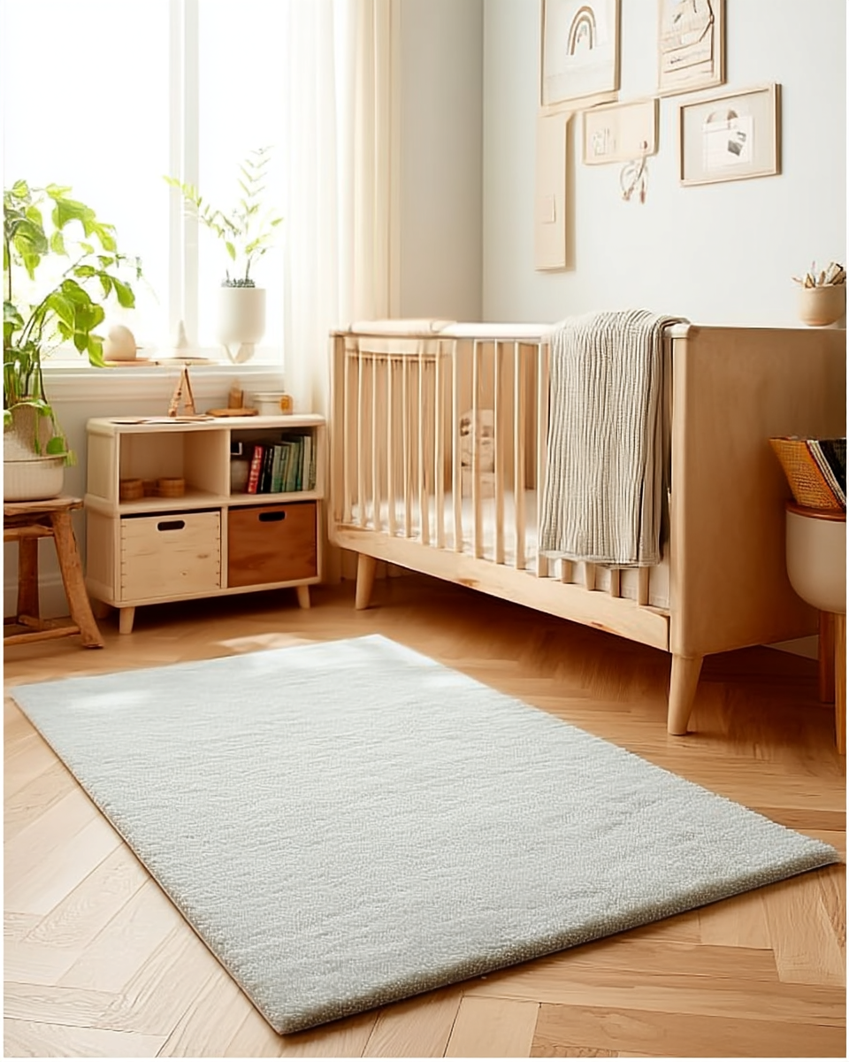 Light heather-grey fluffy 3x5 rug laid in front of a wooden crib in a sunlit nursery