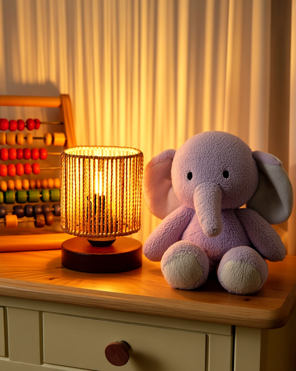Cordless rattan-shaded table lamp glowing warm amber beside a plush lavender elephant toy on a wood dresser