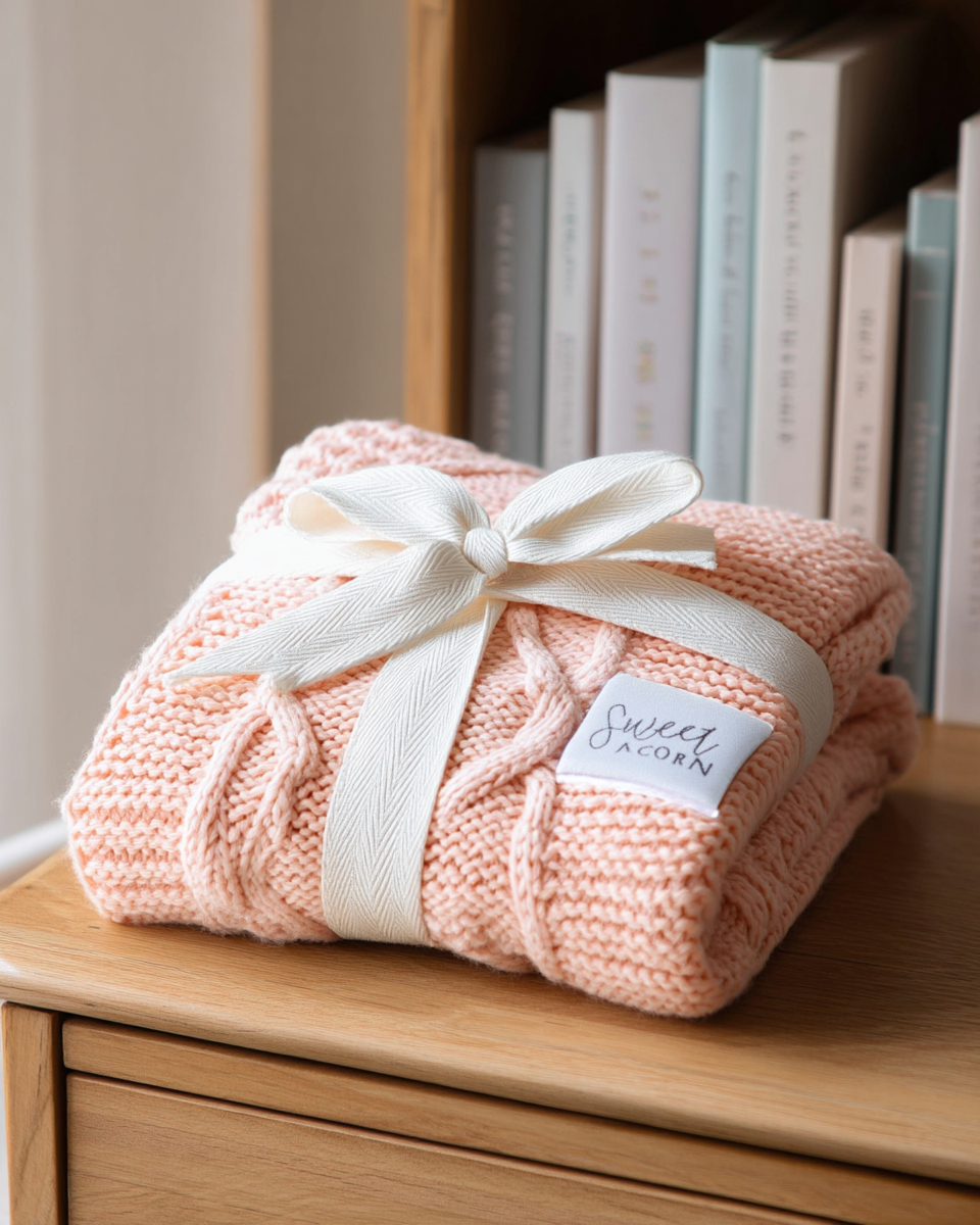 Peach chunky cable-knit blanket folded and tied with an ivory ribbon, resting on a wood dresser beside a stack of books