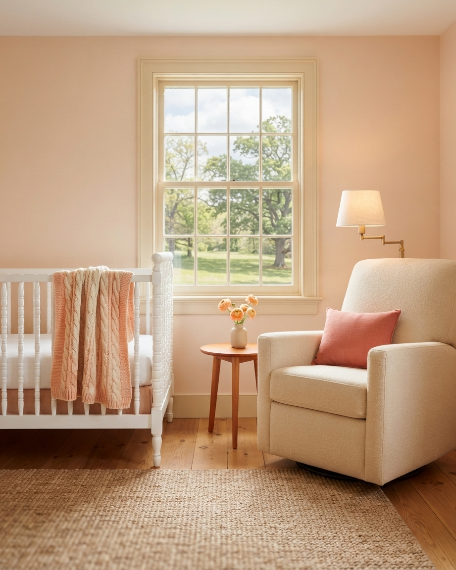 Sun-faded peach nursery with a white spindle crib, a cream boucle glider chair with a coral pillow, a jute rug, and a window overlooking trees