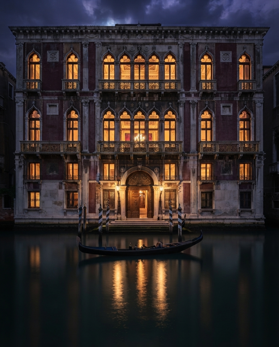 Full facade of an imagined Venetian palazzo across the Grand Canal at dusk, storm-lit sky, gilded windows glowing