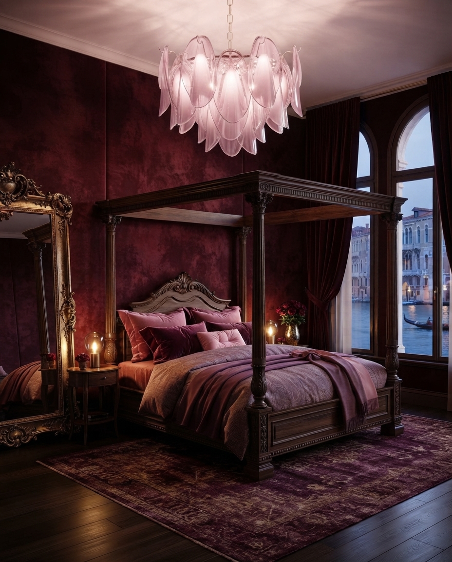 Opulent bedroom with a dark four-poster bed and an overhead chandelier of blush peony glass petals on a gilded iron frame, in an imagined Venetian palazzo