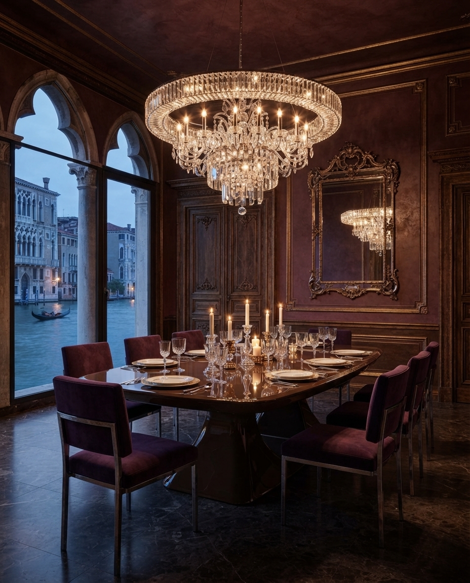 Grand dining room with a table set for a dinner party, wine-colored velvet chairs, and a three-tier crystal chandelier