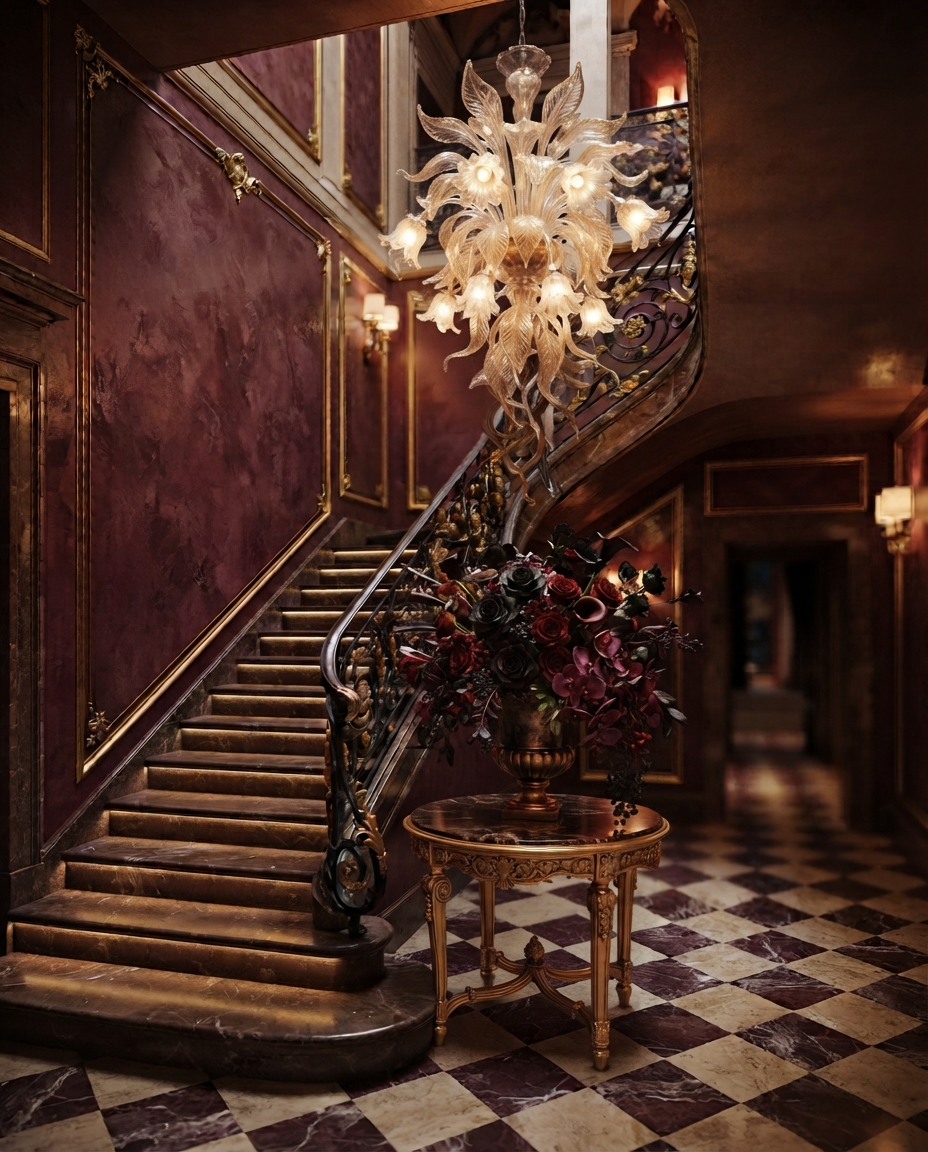 Grand foyer with checkerboard marble floors, a chandelier still mid-bloom, and dark red flowers at the top of the entry stairs