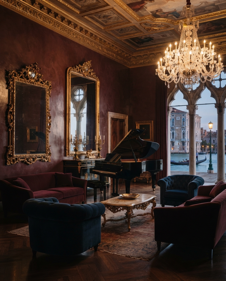 Grand salon with a piano, two shades of velvet upholstery, a navy chesterfield armchair, a gold centerpiece bowl on the coffee table, and a canal view through tall windows