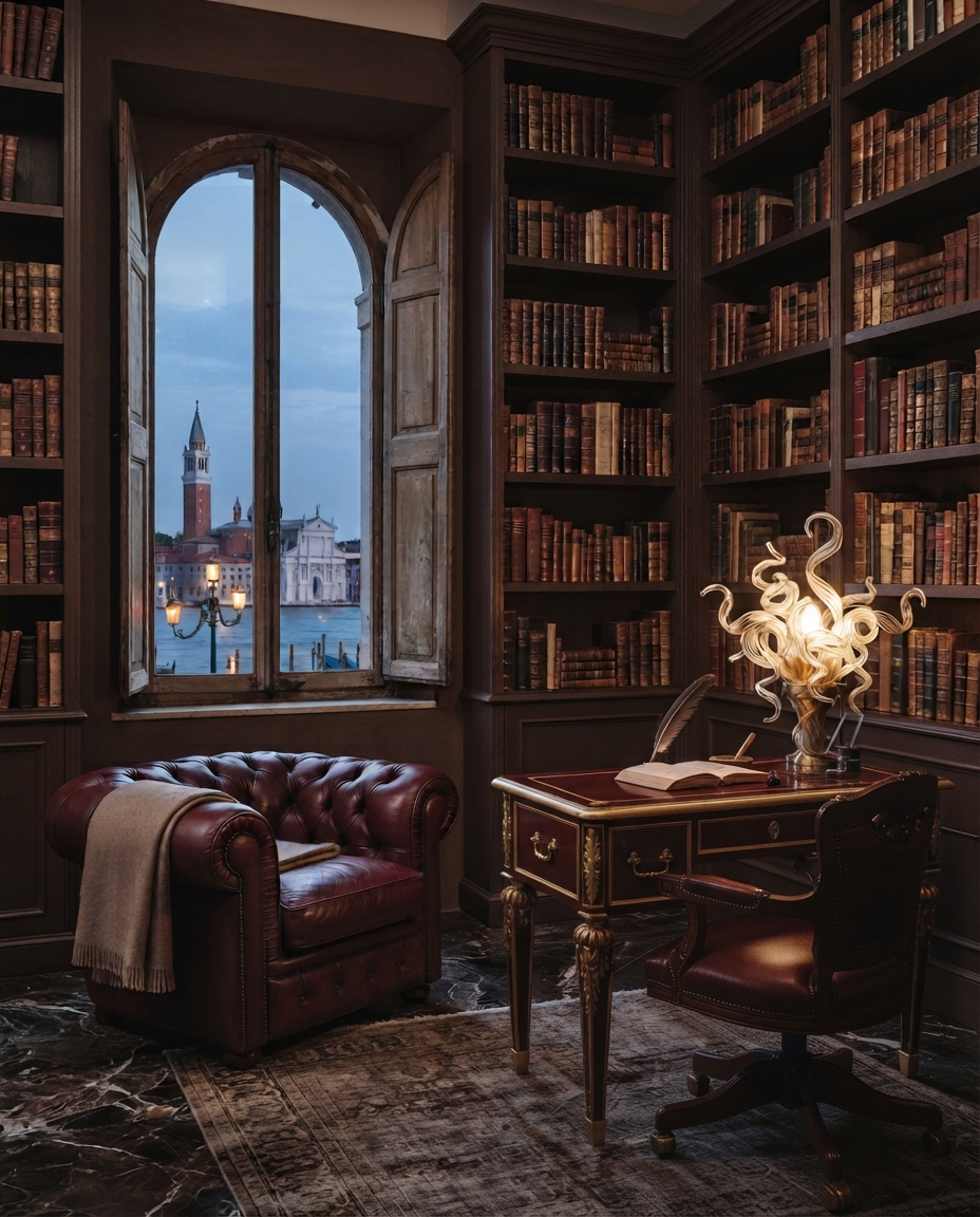 Library with a dried-Bordeaux chesterfield sofa, a sculptural desk lamp, and a window overlooking a bell tower