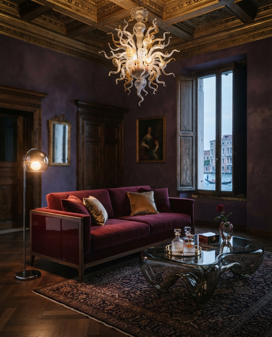Living room with a burgundy velvet sofa, a tentacle-like glass chandelier, and an organic glass coffee table with a mirrored gold drinks tray