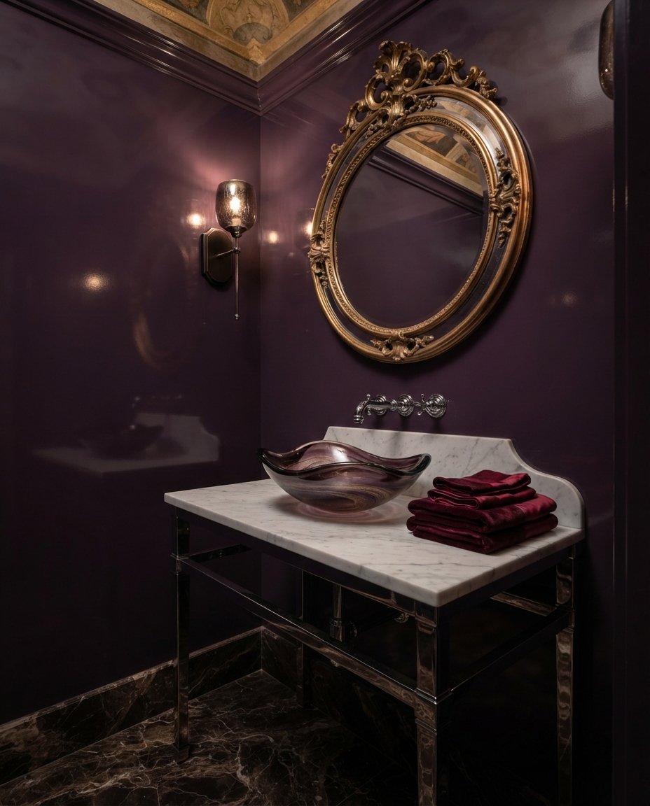 Aubergine powder room with lacquered walls, a wall sconce, and a round antiqued-gold baroque mirror over the console