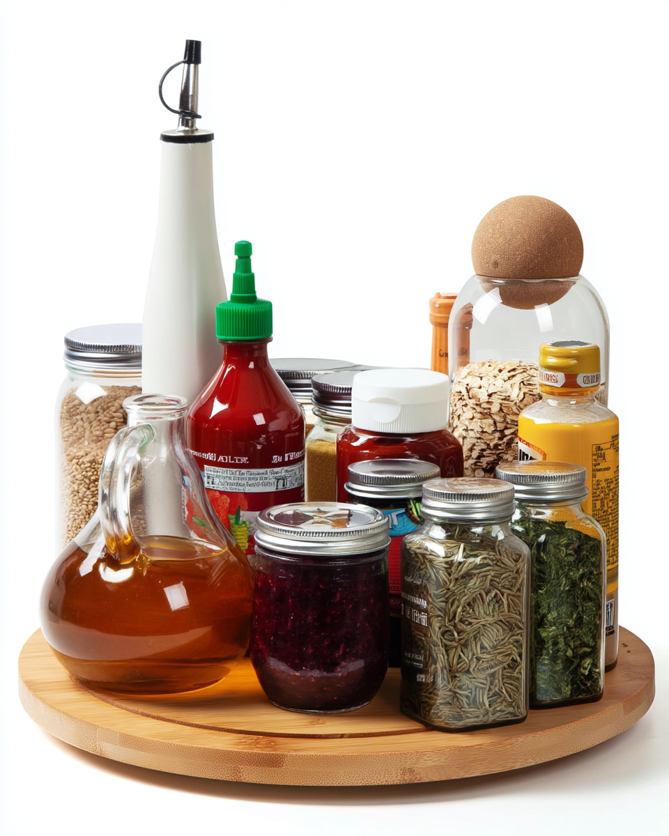 Round bamboo lazy susan turntable holding an oil cruet, condiment bottles, jam jars, and spice jars on a pantry shelf