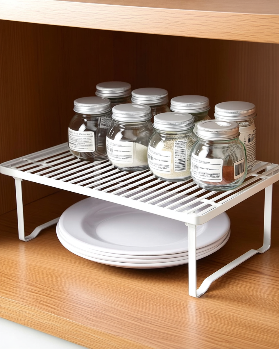 White wire stackable shelf riser holding spice jars on top with a stack of plates tucked underneath in a pantry cabinet