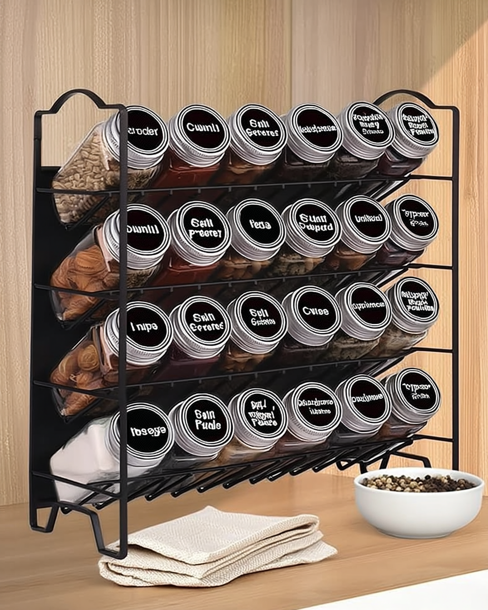 Matte black four-tier wire spice rack fully loaded with 28 labeled glass spice jars on a wood pantry shelf