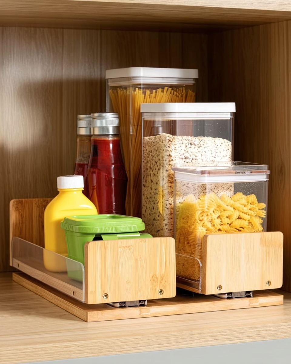Bamboo pull-out cabinet organizer with two trays holding pasta canisters and condiment bottles, extended from a wood cabinet