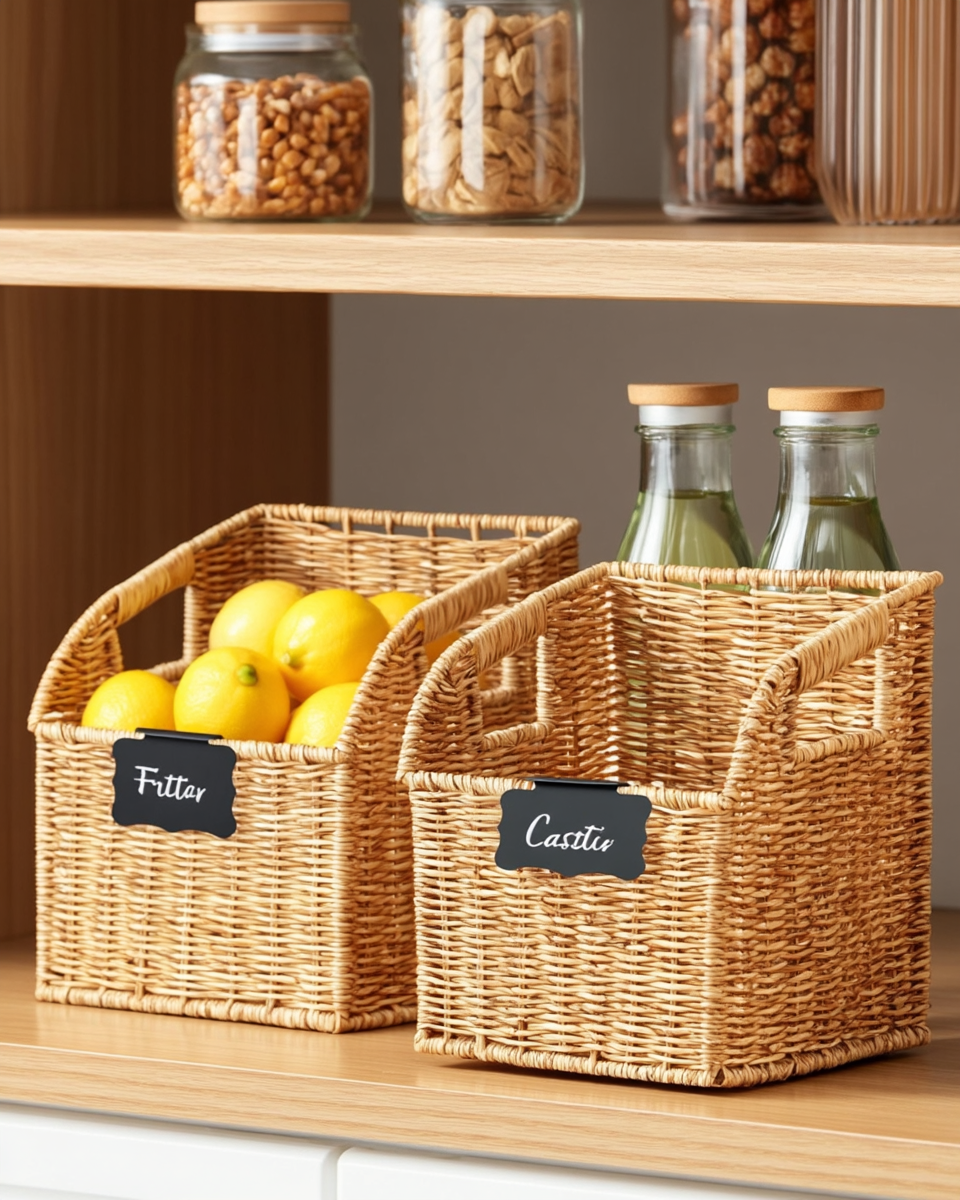 Two graduated faux-wicker baskets with chalkboard tags, one holding lemons and one holding glass bottles, on a pantry shelf