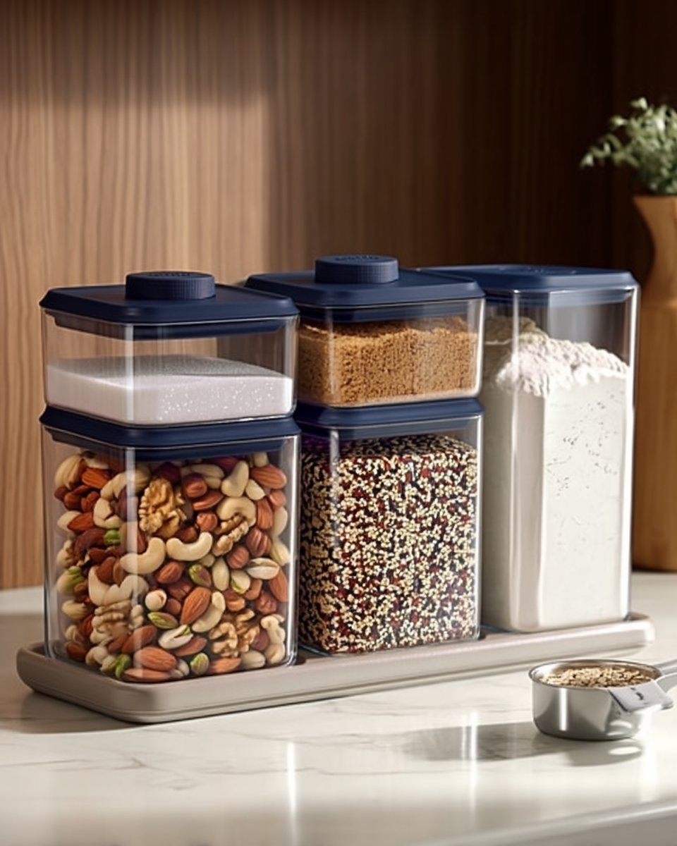 Five clear glass airtight food storage containers with navy pop lids, filled with sugar, brown sugar, flour, nuts, and grains on a pantry counter