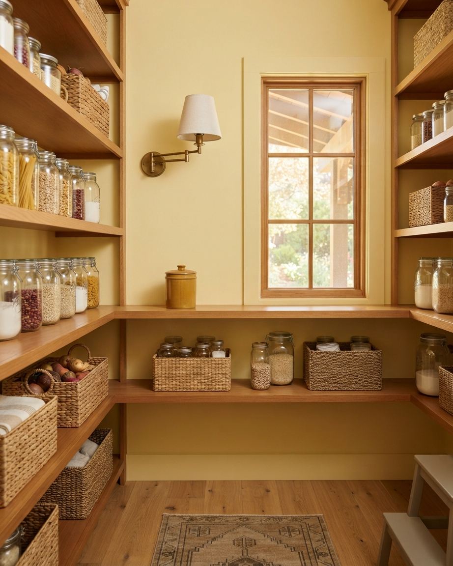 Warm ochre walk-in pantry with open wood shelving, glass jars of pasta and grains, woven baskets, and a brass swing-arm sconce beside a window