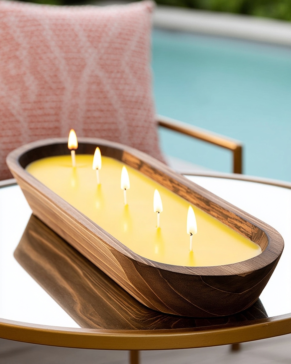 Long walnut wood tray candle with five wicks lit, holding pale yellow citronella wax, beside a coral outdoor pillow