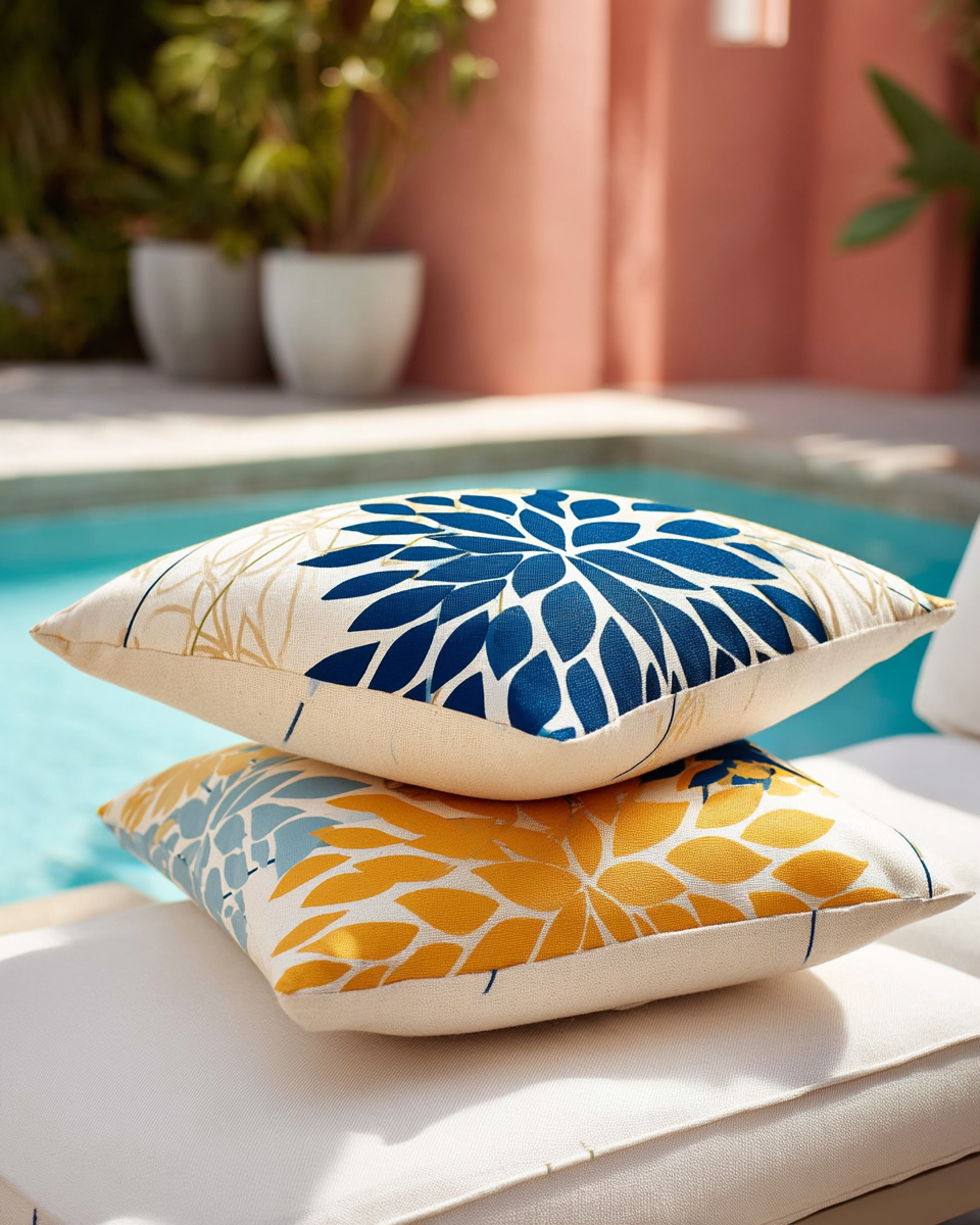 Navy and mustard floral outdoor pillow covers stacked on a white lounge cushion beside a pool
