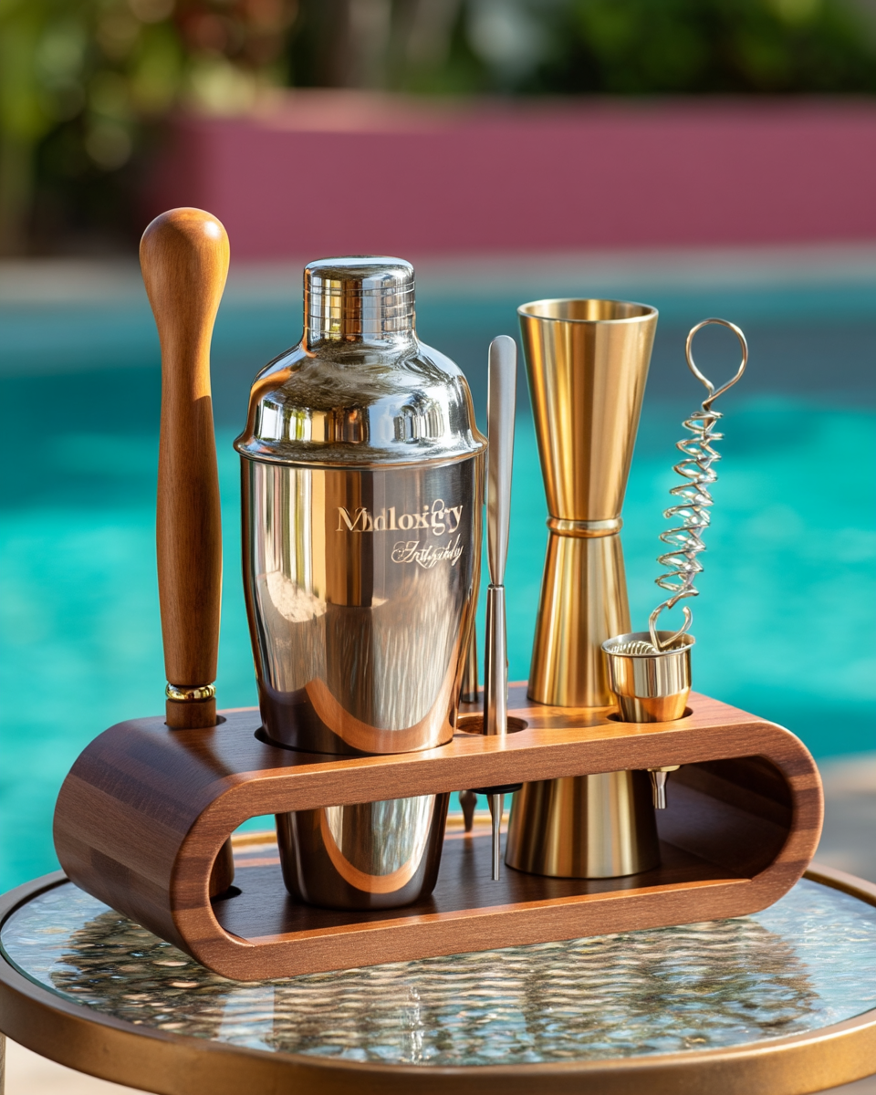Brushed gold and walnut cocktail shaker set with jigger, muddler, and strainer in a wooden stand beside a pool