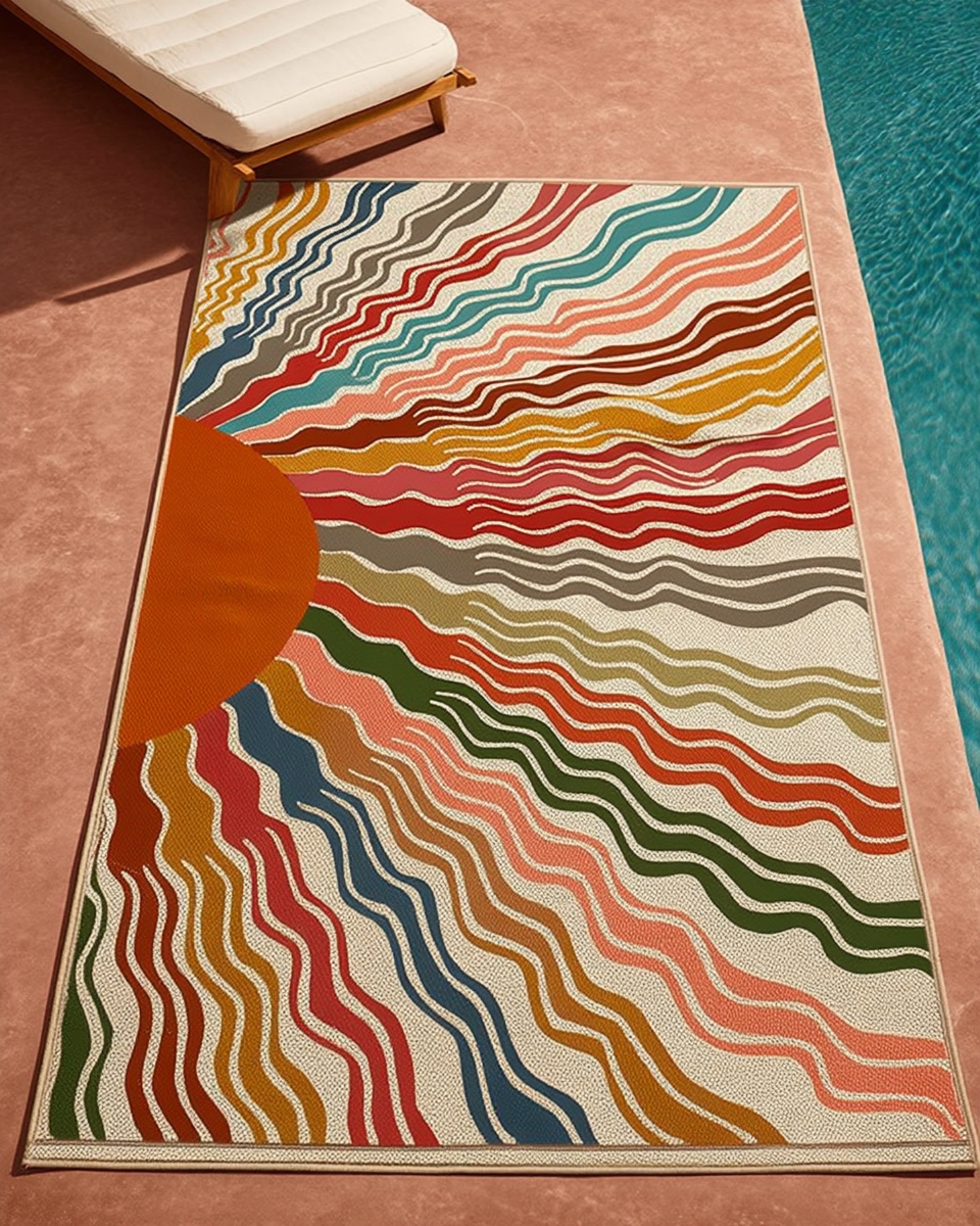 Rainbow sunburst-striped outdoor rug laid beside a turquoise pool next to a wood-framed lounge chair